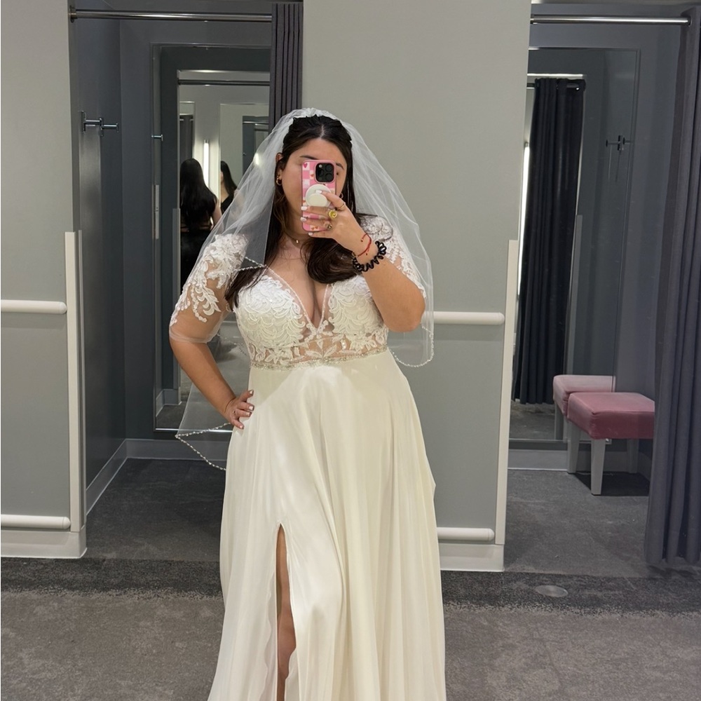 Creamy White Plunge Neck Flutter Sleeve Bridal Gown - Picture 6 of 6